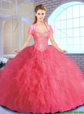 2016 Elegant Ruffles and Sequins Quinceanera Gowns in Coral Red