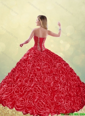 New Style Brush Train Rolling Flowers Quinceanera Dresses in Red