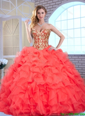 2016 Fashionable Coral Red Quinceanera Gowns with Beading and Ruffles