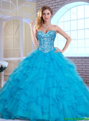 Exquisite Aqua Blue Sweet 16 Gowns with Beading and Ruffles