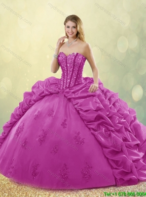 Best Selling Brush Train Beading Quinceanera Dresses in Fuchsia