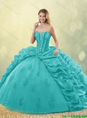 2016 Fashionable Brush Train Pick Ups and Beading Quinceanera Gowns