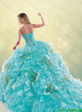 2016 Luxurious Brush Train Sweetheart Quinceanera Dresses in Aqua Blue