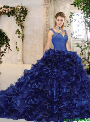 2016 Perfect Straps Brush Train Quinceanera Gowns in Royal Blue