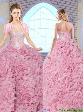 Luxurious Beading Brush Train Quinceanera Gowns with Rolling Flowers