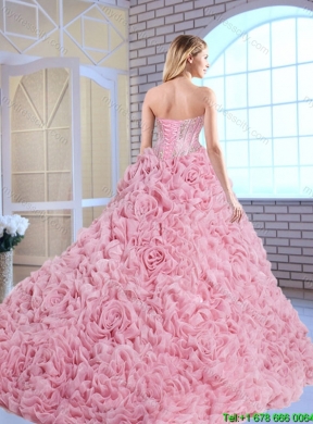 Luxurious Beading Brush Train Quinceanera Gowns with Rolling Flowers