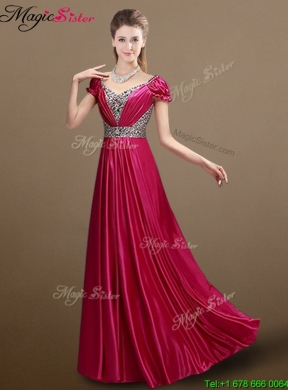 Pretty Empire V Neck Beading Prom Dresses with Short Sleeves