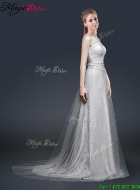 Elegant Empire Bateau Prom Dresses with Brush Train