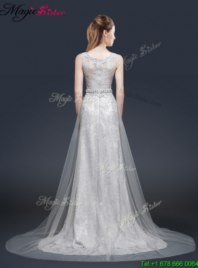 Elegant Empire Bateau Prom Dresses with Brush Train