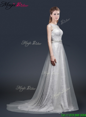 Elegant Empire Bateau Prom Dresses with Brush Train