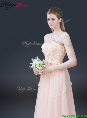 2016 Lovely Empire Bateau Prom Dresses with Appliques and Bowknot