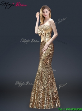 Fall Column Sequins Prom Dresses with Bowknot in Gold