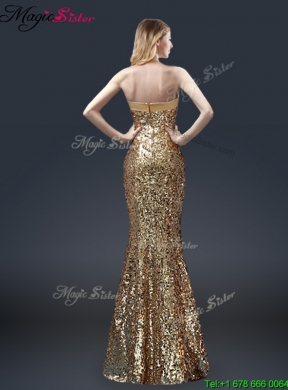 Fall Column Sequins Prom Dresses with Bowknot in Gold