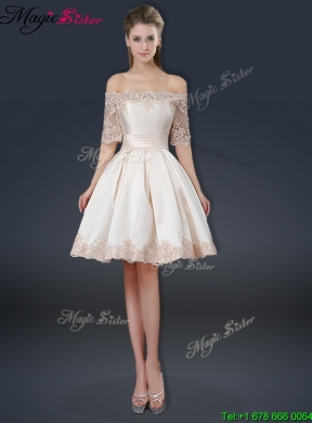 New Arrivals Off the Shoulder Appliques Champagne Short Prom Dresses for 2016