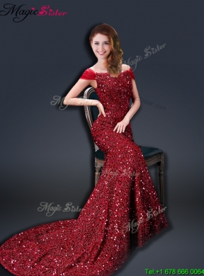 Winter Mermaid Off the Shoulder Sequins Prom Dresses in Wine Red