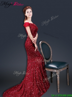 Winter Mermaid Off the Shoulder Sequins Prom Dresses in Wine Red