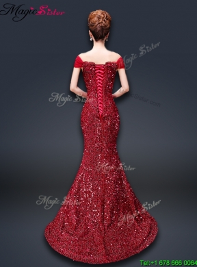 Winter Mermaid Off the Shoulder Sequins Prom Dresses in Wine Red