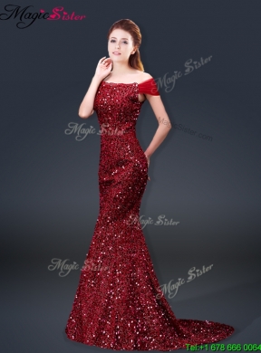 Winter Mermaid Off the Shoulder Sequins Prom Dresses in Wine Red