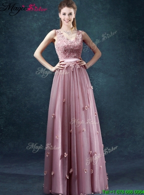 2016 Classical V Neck Prom Dresses with Appliques and Belt