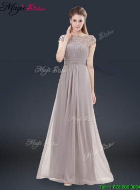 2016 Elegant Empire Cap Sleeves Beading and Ruching Prom Dresses