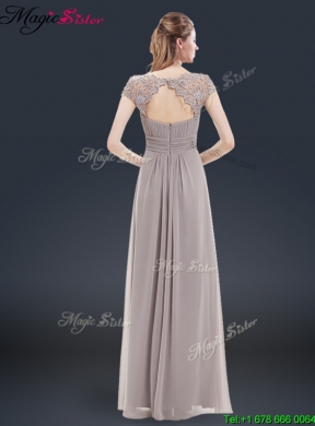 2016 Elegant Empire Cap Sleeves Beading and Ruching Prom Dresses