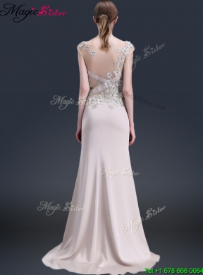 2016 Luxurious Brush Train Cap Sleeves Prom Dresses with Appliques