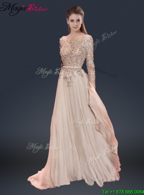 Cheap Brush Train Champagne Prom Dresses with Beading