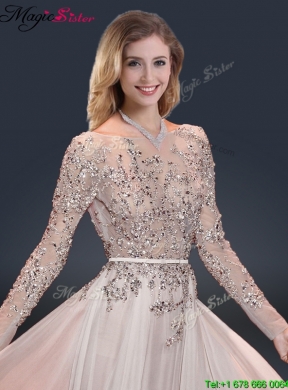 Cheap Brush Train Champagne Prom Dresses with Beading