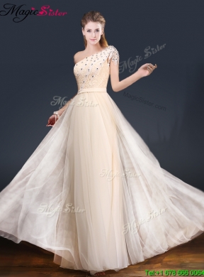 Elegant One Shoulder Prom Dresses with Appliques and Beading