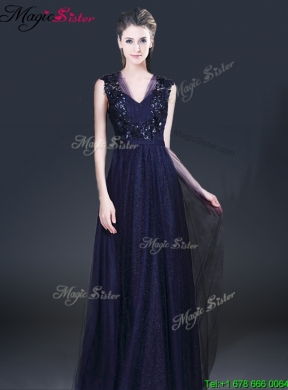 Fashionable V Neck Paillette Prom Dresses in Navy Blue for 2016