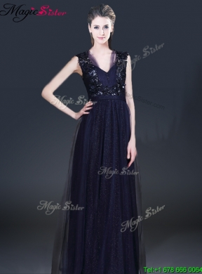 Fashionable V Neck Paillette Prom Dresses in Navy Blue for 2016