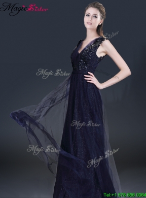 Fashionable V Neck Paillette Prom Dresses in Navy Blue for 2016