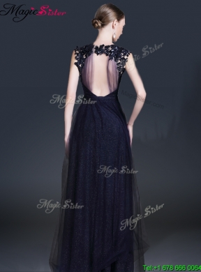 Fashionable V Neck Paillette Prom Dresses in Navy Blue for 2016