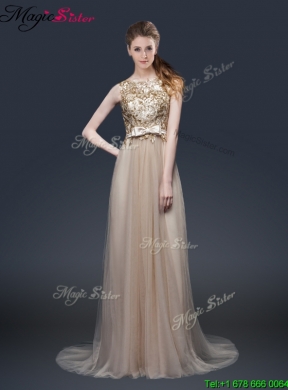 Luxurious Brush Train Prom Dresses with Appliques and Bowknot