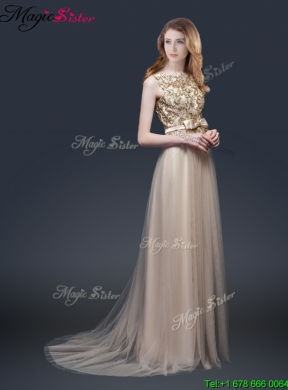 Luxurious Brush Train Prom Dresses with Appliques and Bowknot