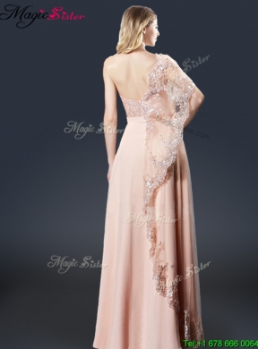 Luxurious One Shoulder Appliques Prom Dresses in Peach