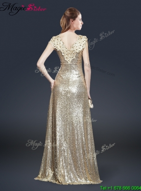 Perfect V Neck Sequins Prom Dresses in Champagne