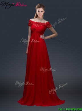 Simple Off the Shoulder Short Sleeves Red Prom Dresses with Appliques