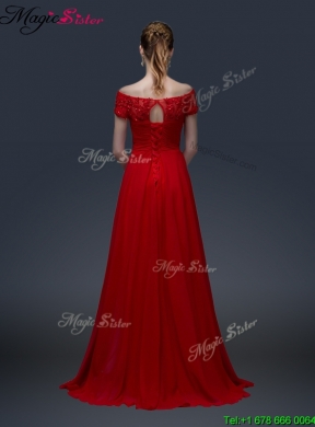 Simple Off the Shoulder Short Sleeves Red Prom Dresses with Appliques