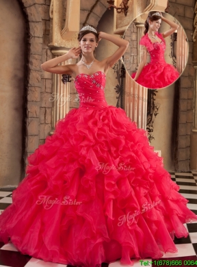 2016 Classic Coral Red Sweetheart Quinceanera Gowns with Beading