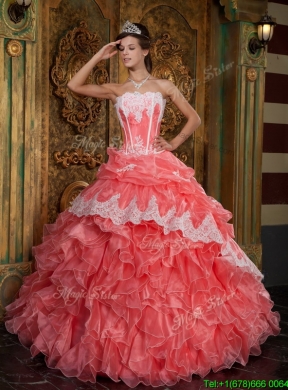 2016 Classic Waltermelon Quinceanera Gowns with Appliques and Ruffles