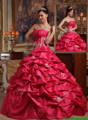 2016 Coral Red Ball Gown Strapless Quinceanera Dresses