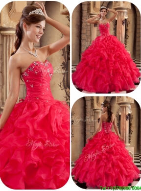 2016  Designer Coral Red Ball Gown Floor Length Ruffles Quinceanera Dresses