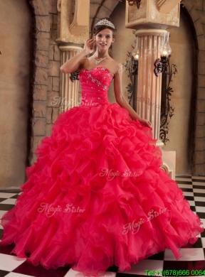 2016  Designer Coral Red Ball Gown Floor Length Ruffles Quinceanera Dresses