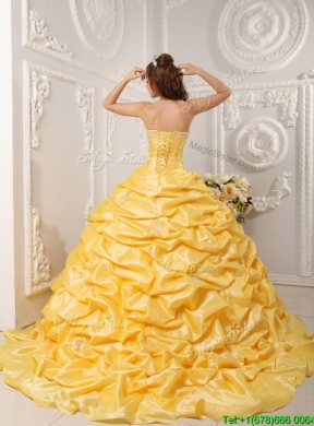 2016   Designer  Pick Ups and Appliques Quinceanera Gowns with Court Train