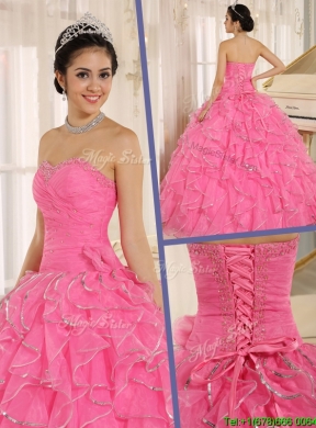 2016 Popular Ruffles and Beading Quinceanera Dresses in Rose Pink