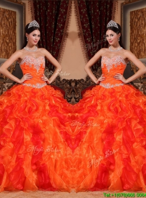 2016 Pretty  Orange Quinceanera Gowns with Appliques and Beading