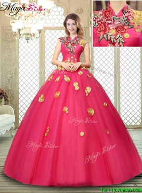 2016 Beautiful High Neck Cap Sleeves Quinceanera Dresses with Appliques