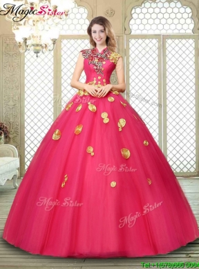 2016 Beautiful High Neck Cap Sleeves Quinceanera Dresses with Appliques