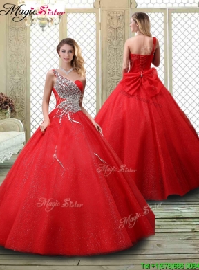 2016 Classical One Shoulder Quinceanera Dresses with Beading in Red